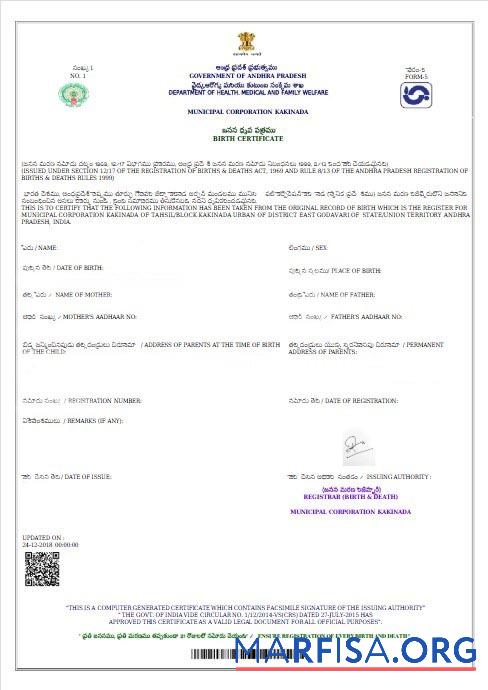 Downloadable India Government of Andhra Pradesh birth certificate example